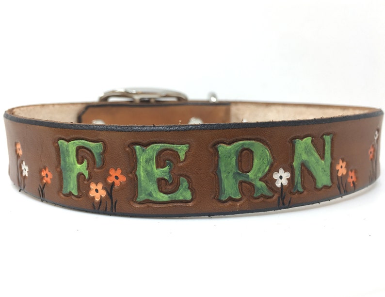 Tiny Flower Personalized Leather Dog Collar Tangerine, White and Lt Tangerine Flowers image 1