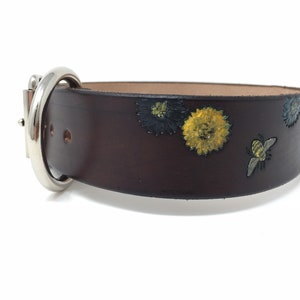 Brown Leather Dog Collar with Bee and Flower Design, Dogs name can be added image 5