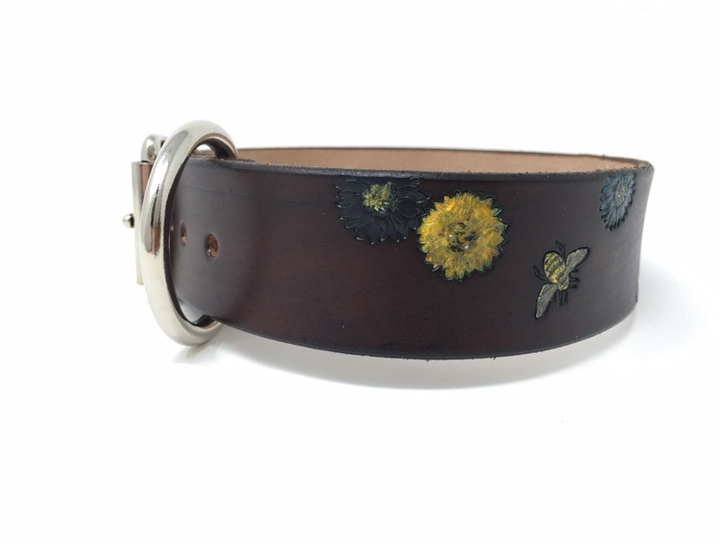 Brown Leather Dog Collar with Bee and Flower Design, Dogs name can be added image 5