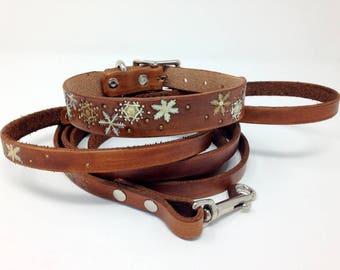 Christmas Collars for Dogs - Leather -  Christmas Dog Collar - Christmas Dog Collars - Snowflake - Personalized Dog Collar - Leash