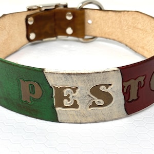 Collar de cuero personalizado con la bandera italiana para perros: personalizable con el nombre de tu mascota para cachorros patrióticos.