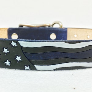 Thin blue line dog collar, Blue Jean colored leather personalized collar image 1