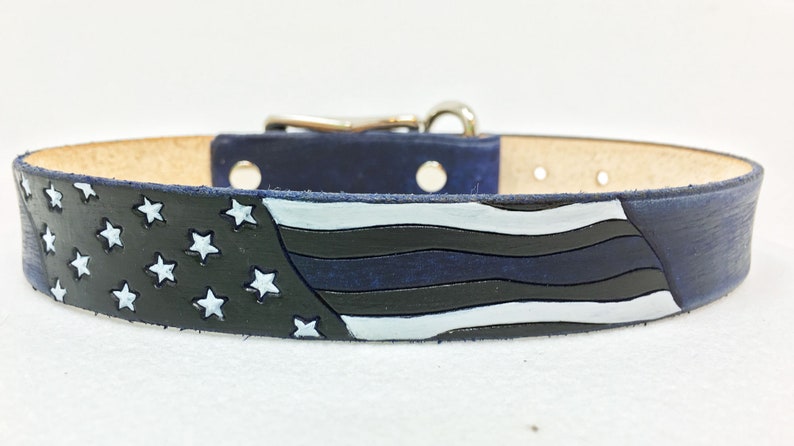 Thin blue line dog collar, Blue Jean colored leather personalized collar image 1