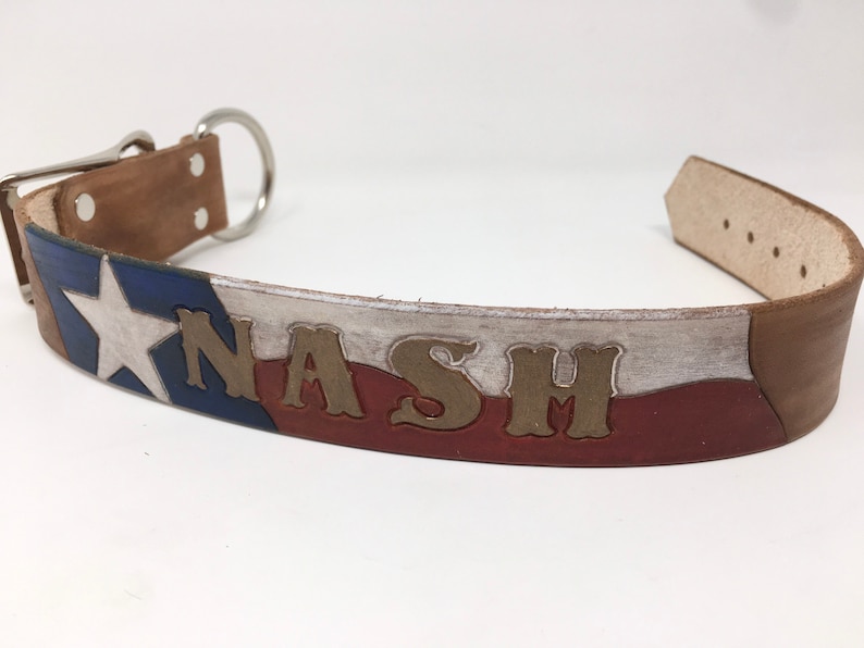 Waving Texas Flag Dog Collar Patriotic Dog Collar Leather Dog Collar Personalized with Dogs Name in Bronze image 7