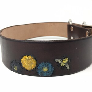 Brown Leather Dog Collar with Bee and Flower Design, Dogs name can be added image 4