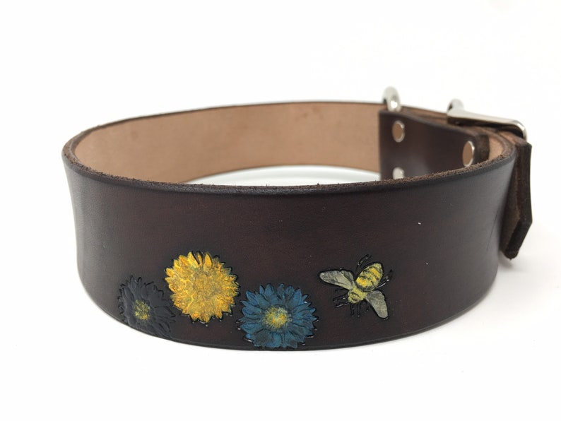 Brown Leather Dog Collar with Bee and Flower Design, Dogs name can be added image 4