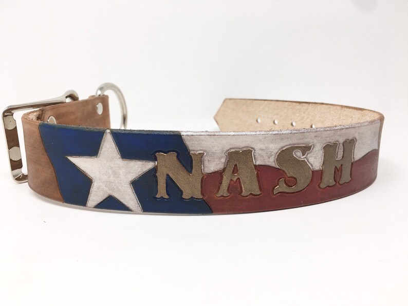 Waving Texas Flag Dog Collar Patriotic Dog Collar Leather Dog Collar Personalized with Dogs Name in Bronze image 5