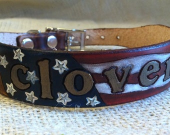 American Flag Dog Collar - Patriotic Dog Collar - Leather Dog Collar - Personalized with Dogs Name