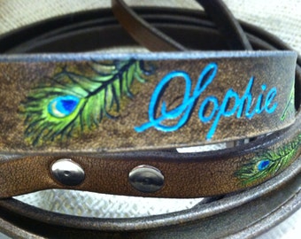 Small Dog Collar and Leash with peacock design. Dog Collar Leather