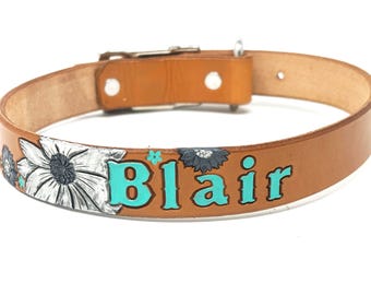 Collar de cuero personalizado para perro / Collar para niña / Diseño de flores grandes
