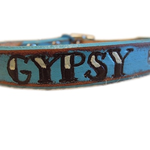Personalized Leather Cat Collar: Turquoise Bison Brown, Tattoo Font