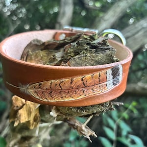 May include: A tan leather collar featuring a detailed hand-painted brown and black feather design on the exterior surface. The collar includes a silver-toned metal D-ring and a buckle closure mechanism attached to the leather strap.