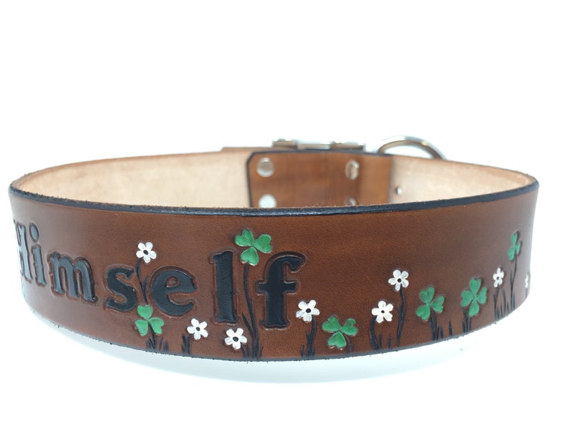 Leather dog collar with Shamrocks and Tiny Flowers Perfect for your Irish dog or cat image 2