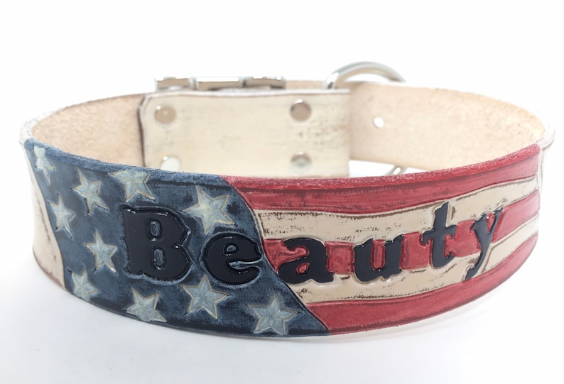 American Flag Dog Collar Personalized with Dogs Name with Distressed Cream Leather Base Color image 3