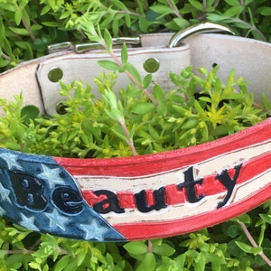 American Flag Dog Collar Personalized with Dogs Name with Distressed Cream Leather Base Color image 10