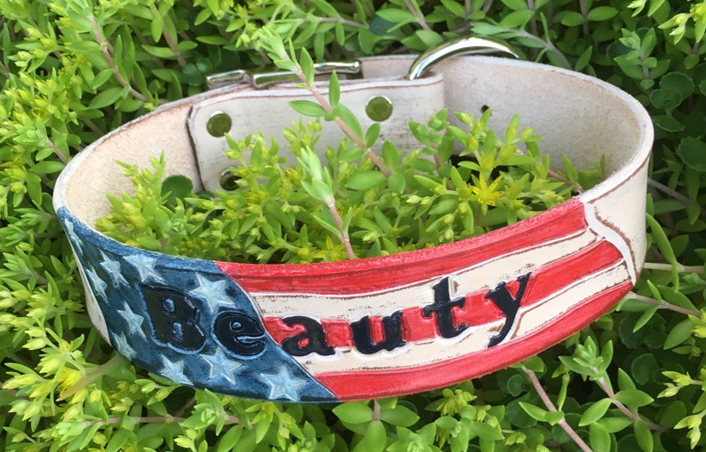 American Flag Dog Collar Personalized with Dogs Name with Distressed Cream Leather Base Color image 10