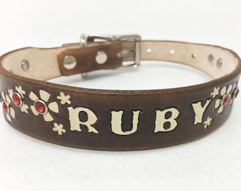 Custom Leather Dog Collars - Personalized Dog Collars - Leather - Dog Collars - Cream Flowers Red Rhinestones