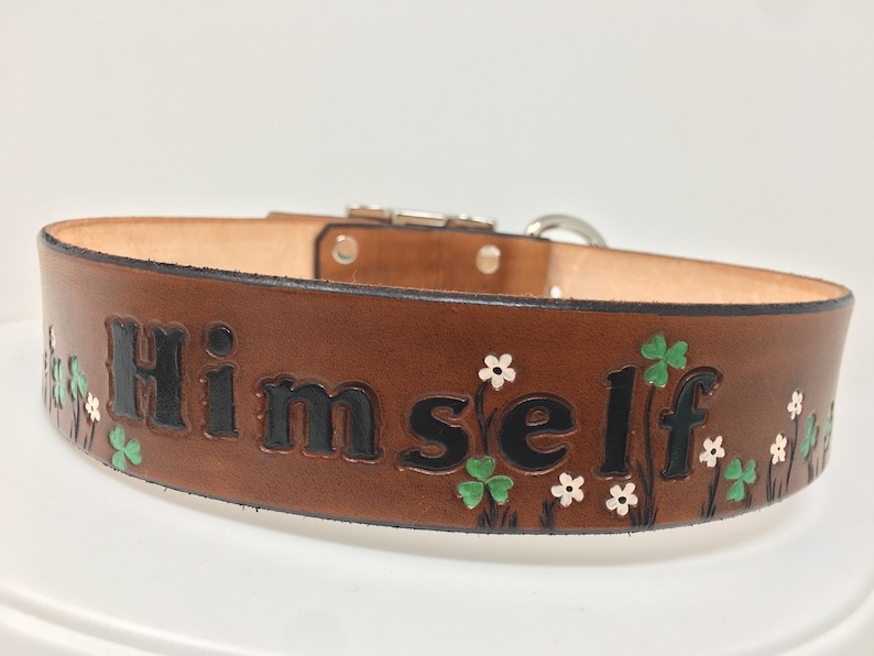 Leather dog collar with Shamrocks and Tiny Flowers Perfect for your Irish dog or cat image 3