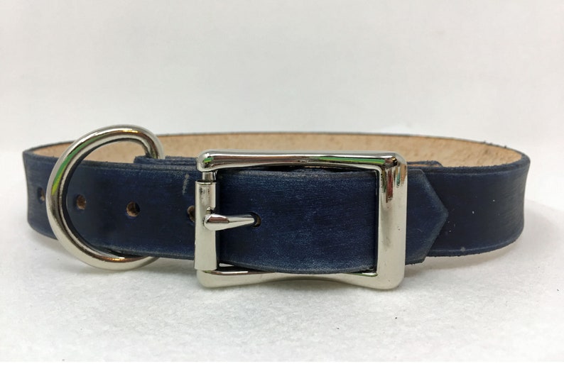 Thin blue line dog collar, Blue Jean colored leather personalized collar image 3