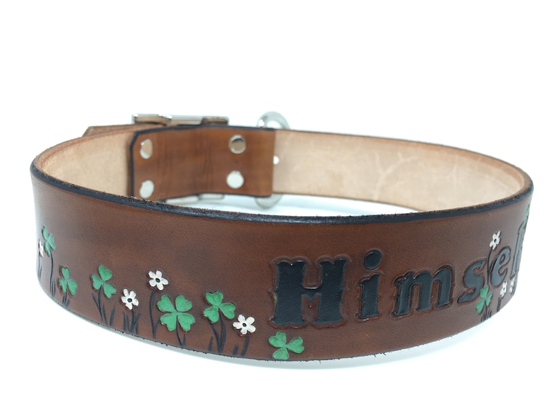 Leather dog collar with Shamrocks and Tiny Flowers Perfect for your Irish dog or cat image 1