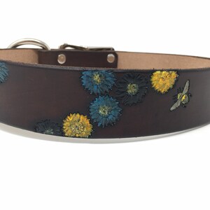 Brown Leather Dog Collar with Bee and Flower Design, Dogs name can be added image 3