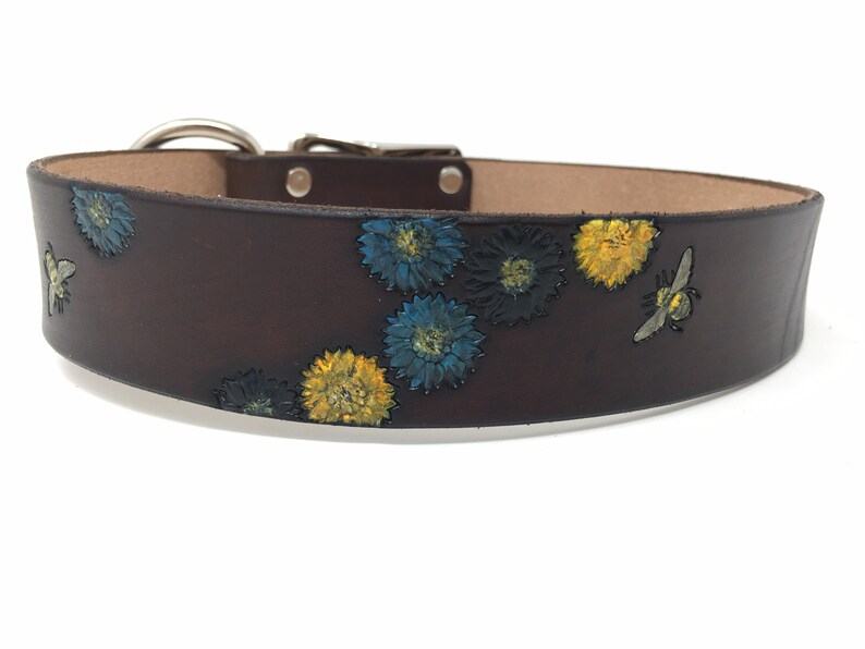 Brown Leather Dog Collar with Bee and Flower Design, Dogs name can be added image 3