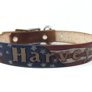 American Flag Dog Collar Patriotic Dog Collar Leather Dog Collar Personalized with Dogs Name image 1