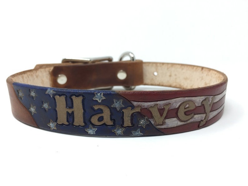 American Flag Dog Collar Patriotic Dog Collar Leather Dog Collar Personalized with Dogs Name image 1