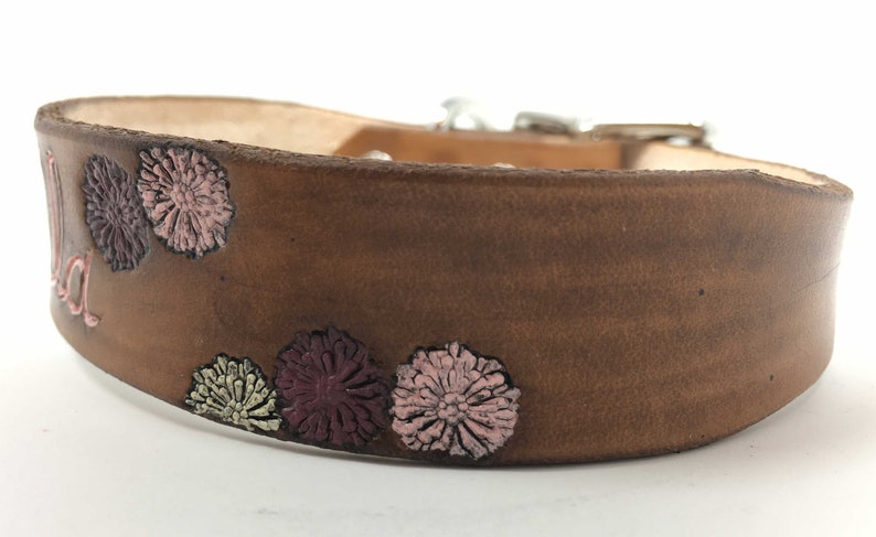 Personalized leather dog collar with flower mums image 5