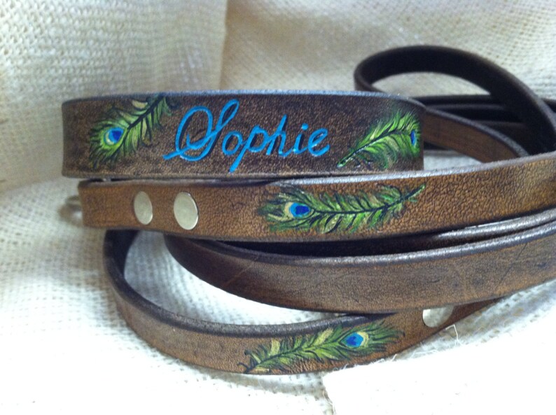 Dog Collar Leather Small Dog Collar and Leash with peacock design