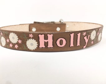 Girl Dog Collars, Daisy Flower Custom Leather