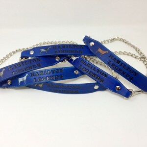 Pu&ograve; includere: Quattro cinturini per halter in pelle blu con fibbie argentate e una catena argentata. Ogni cinturino ha il testo "Hamilton Legends" e una piccola silhouette di un cavallo.