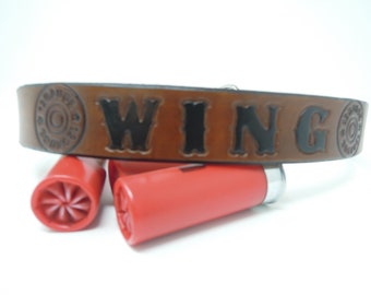 Male Dog Collar, Gun Dog Collar Leather Customized with Shotgun Shell Design Name and or Phone Number.
