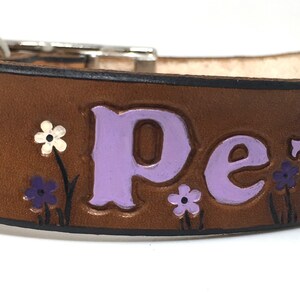 Leather Dog Collar Personalized with Purple, White, and Lilac Flowers image 3