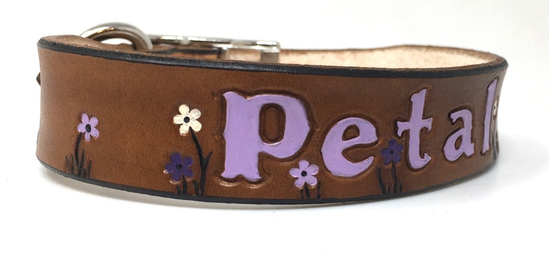 Leather Dog Collar Personalized with Purple, White, and Lilac Flowers image 3