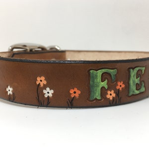 Tiny Flower Personalized Leather Dog Collar Tangerine, White and Lt Tangerine Flowers image 3