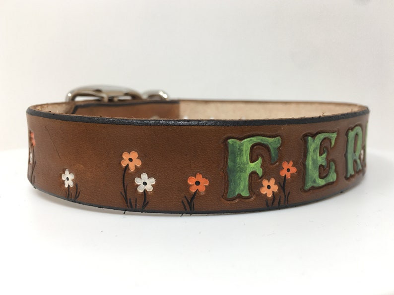 Tiny Flower Personalized Leather Dog Collar Tangerine, White and Lt Tangerine Flowers image 3