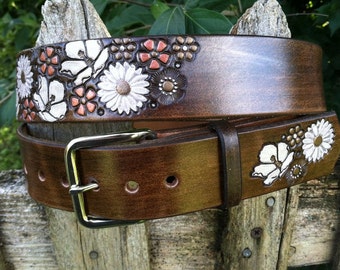 Womens Belt - Flower - Leather Belt - Brown Leather with Flowers