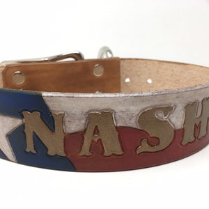 Waving Texas Flag Dog Collar Patriotic Dog Collar Leather Dog Collar Personalized with Dogs Name in Bronze image 3