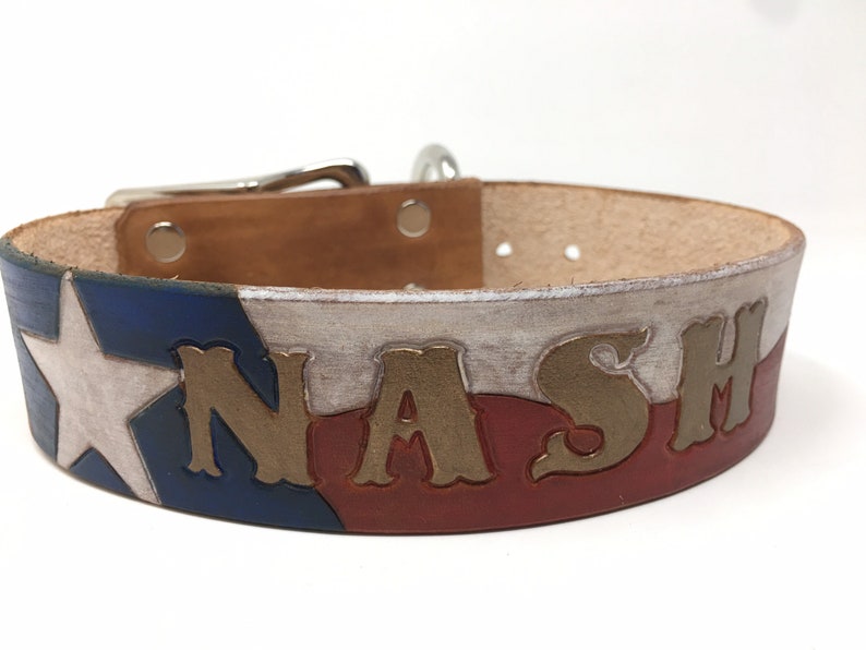 Waving Texas Flag Dog Collar Patriotic Dog Collar Leather Dog Collar Personalized with Dogs Name in Bronze image 3