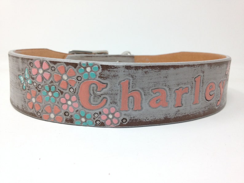 Flower Dog Collar, Bouquet of flowers on one side of your dogs name image 1