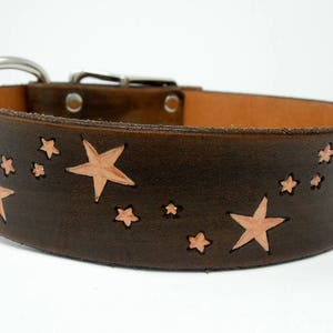 Dark Brown Leather Dog Collar: Handmade Rose Gold Stars