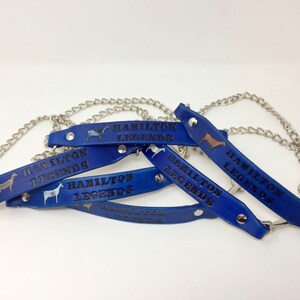 Pu&ograve; includere: Quattro cinturini in pelle blu con fibbie in metallo argentato e una catena argentata. Ogni cinturino ha il testo "Hamilton Legends" e una piccola silhouette di un cavallo.