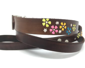 Flower Power Leather Dog Collar Retro Neon Flowers