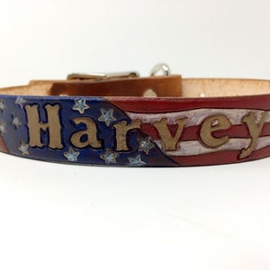 American Flag Dog Collar Patriotic Dog Collar Leather Dog Collar Personalized with Dogs Name image 2