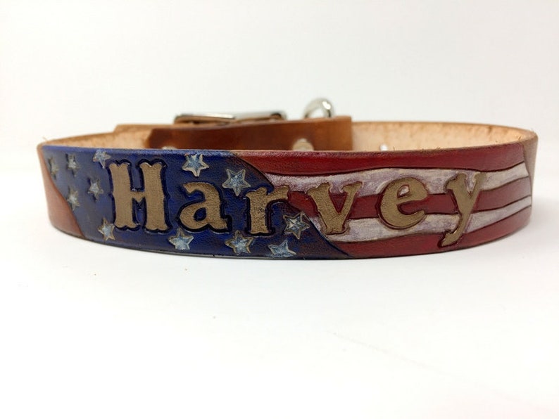 American Flag Dog Collar Patriotic Dog Collar Leather Dog Collar Personalized with Dogs Name image 2