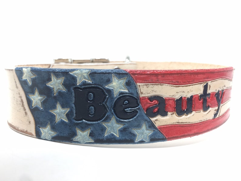 American Flag Dog Collar Personalized with Dogs Name with Distressed Cream Leather Base Color image 4