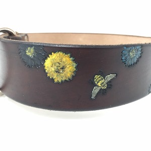 Brown Leather Dog Collar with Bee and Flower Design, Dogs name can be added image 6