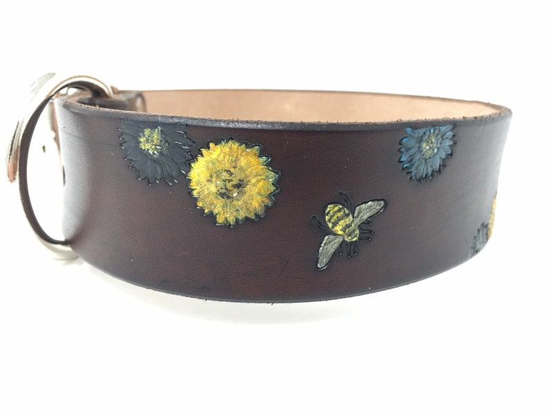 Brown Leather Dog Collar with Bee and Flower Design, Dogs name can be added image 6