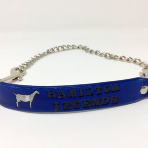 Pu&ograve; includere: Collare per cani in pelle blu con catena argentata e fibbie metalliche. Il collare &egrave; impresso con il testo "HAMILTON LEGENDS" e una silhouette di una capra.